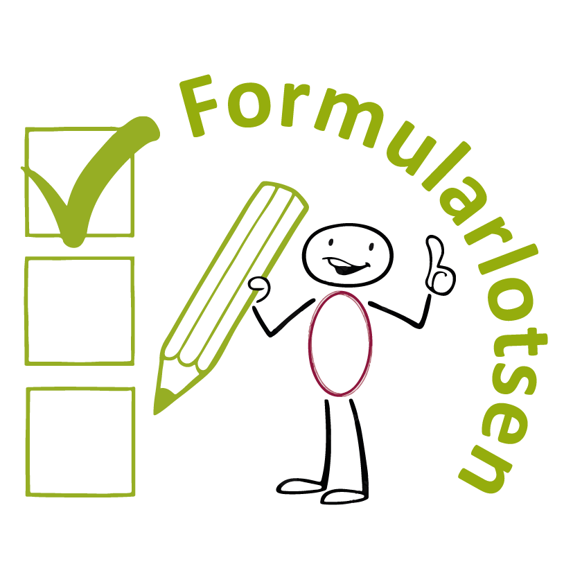 Das Logo der Formularlotsen zeigt eine Figur, die mit einem Stift einen Haken setzt bei eienm Formularfeld. Außerdem beinhaltet das Logo den Schriftzug Formularlotsen.