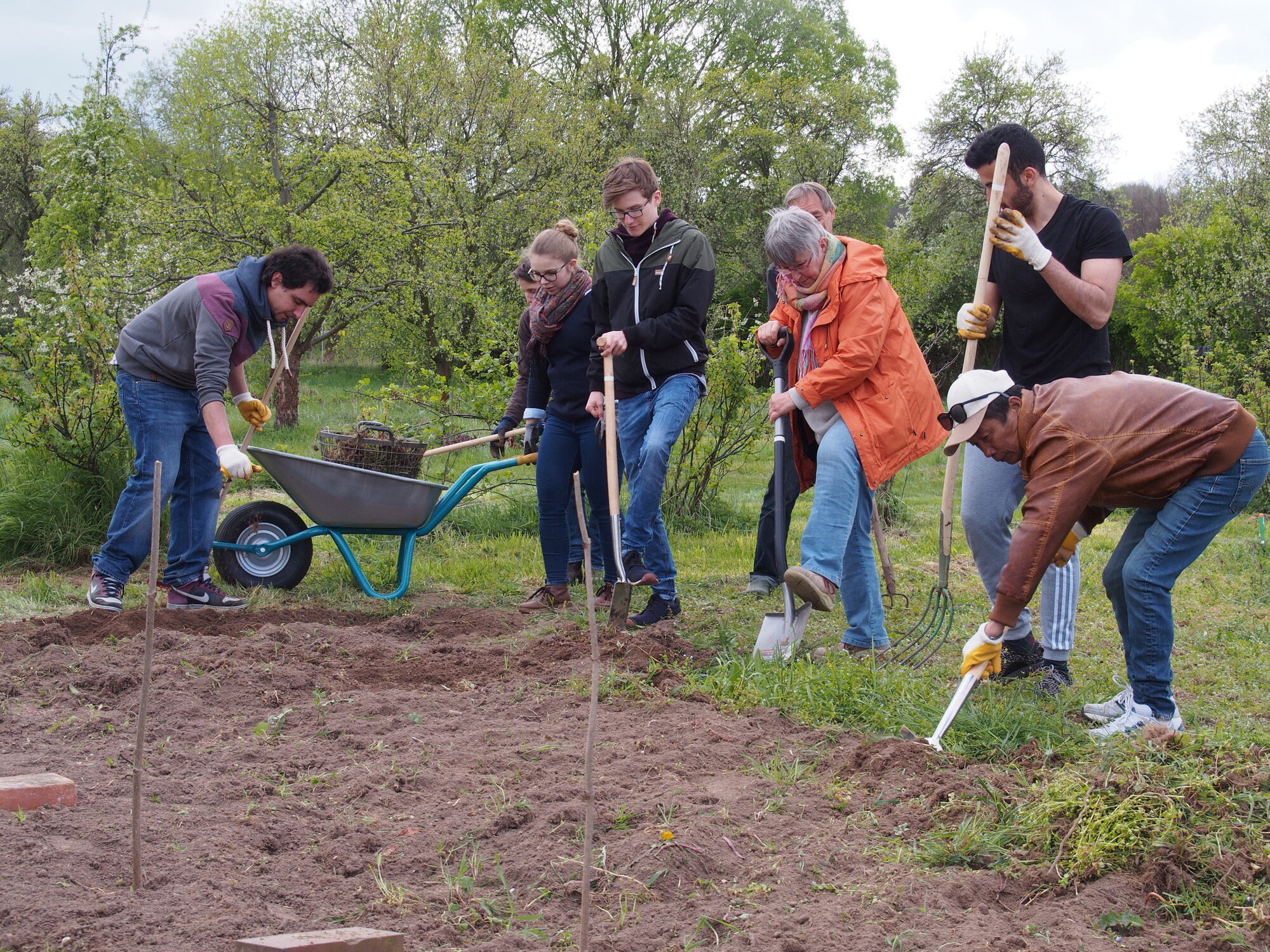 Das Bild zeigt eine Gruppe an Menschen, die ein Beet anlegen: offene Erdfläche im Vordergrund, Menschen mit Werkzeugen (Spaten und Hacken) und Schubkarre.
