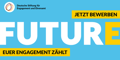 Das Bild zeigt das Logo des Programms FUTURE mit dem Aufruf "Jetzt bewerben"