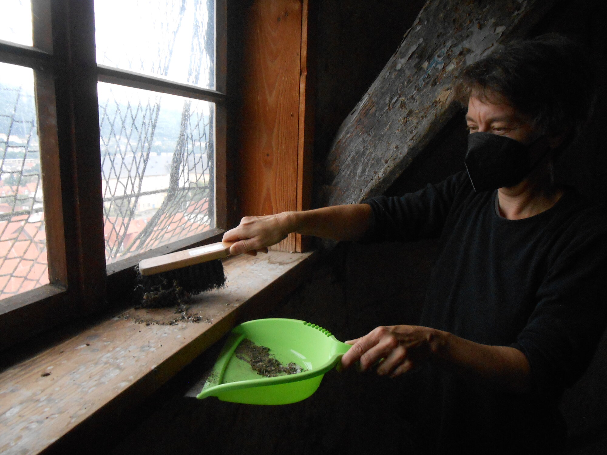 Frau mit grünem Kehrblech und Handfeger am Fenster
